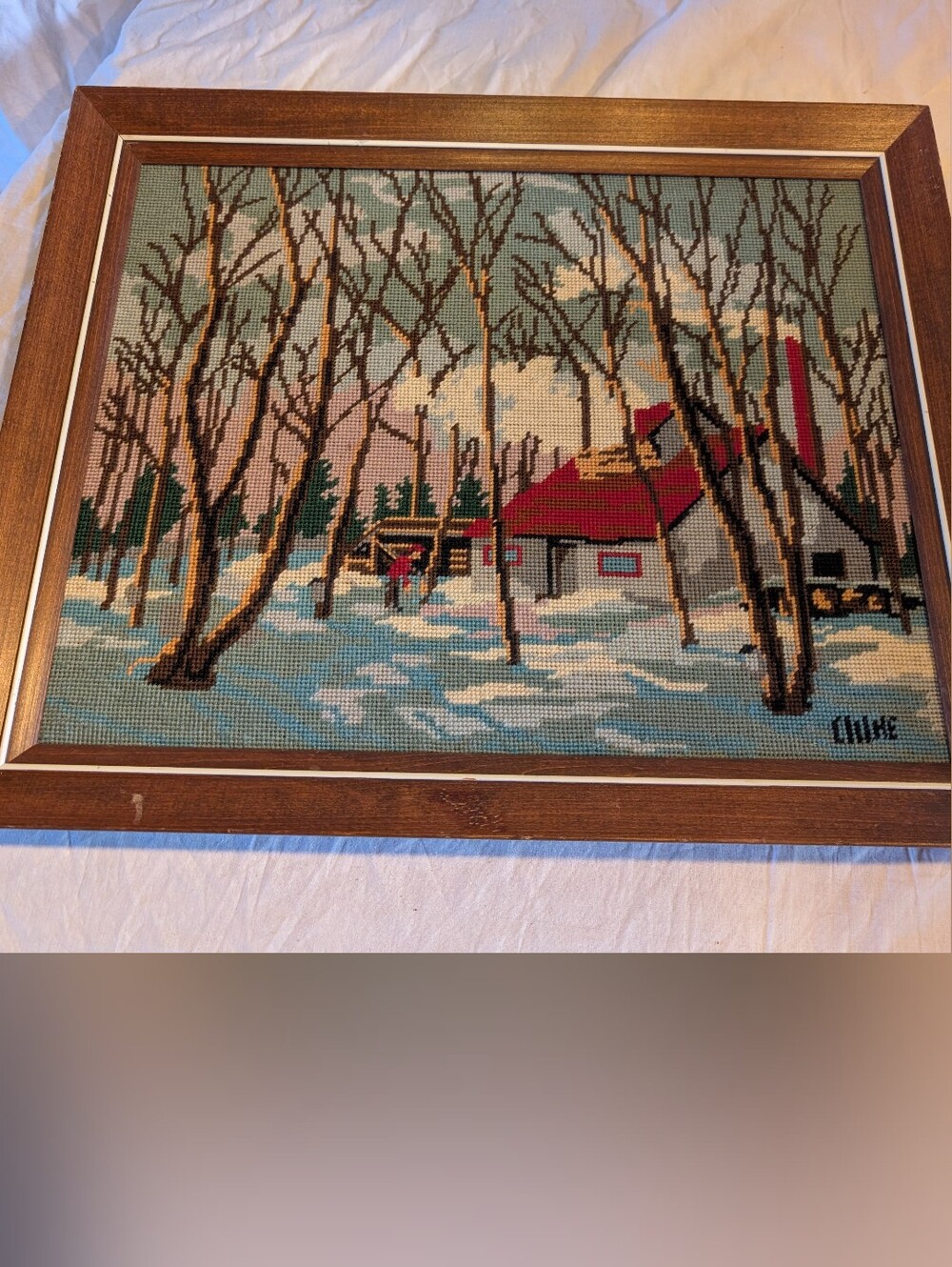 2/80$ Vintage Red and Brown Cabin Needlepoint Wall Art
